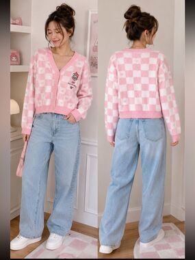 My Melody Pink Checkerboard Heart Knit Cardigan